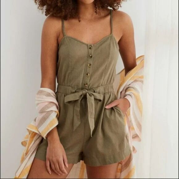 Aerie Romper Women's XS Button Down Sleeveless Smocked Tie Front Army Green - Picture 1 of 15